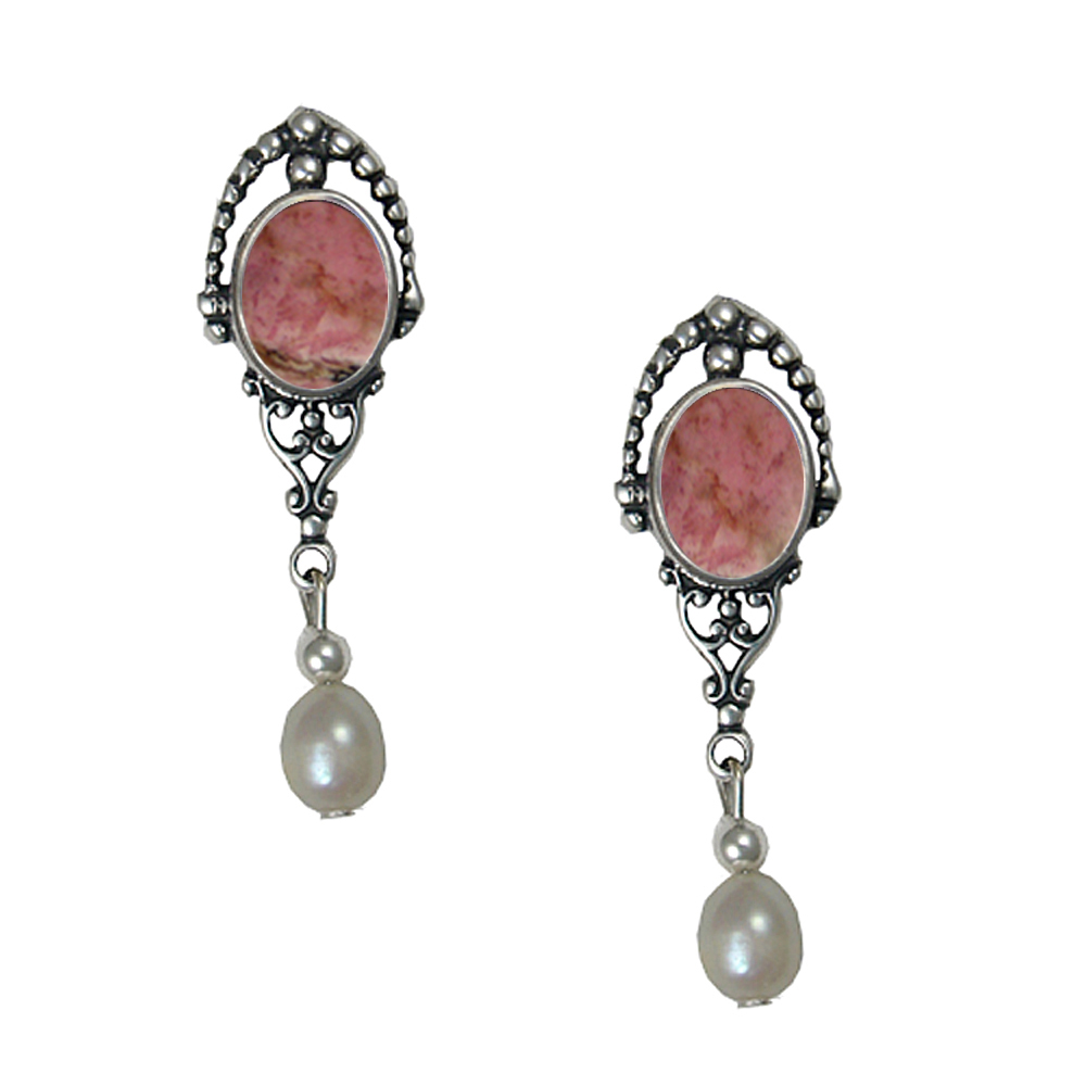 Sterling Silver Cultured Freshwater Pearl Drop Dangle Earrings With Rhodonite